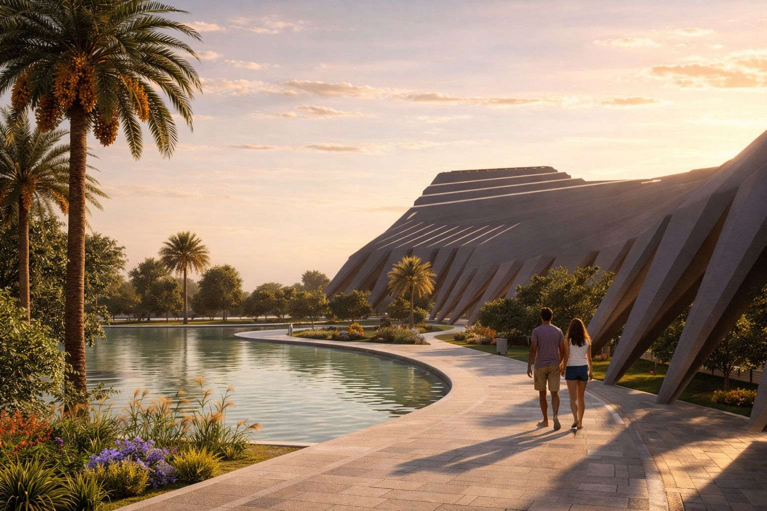 Paseo junto al lago con palmeras y estructura arquitectónica de Murcia Arena