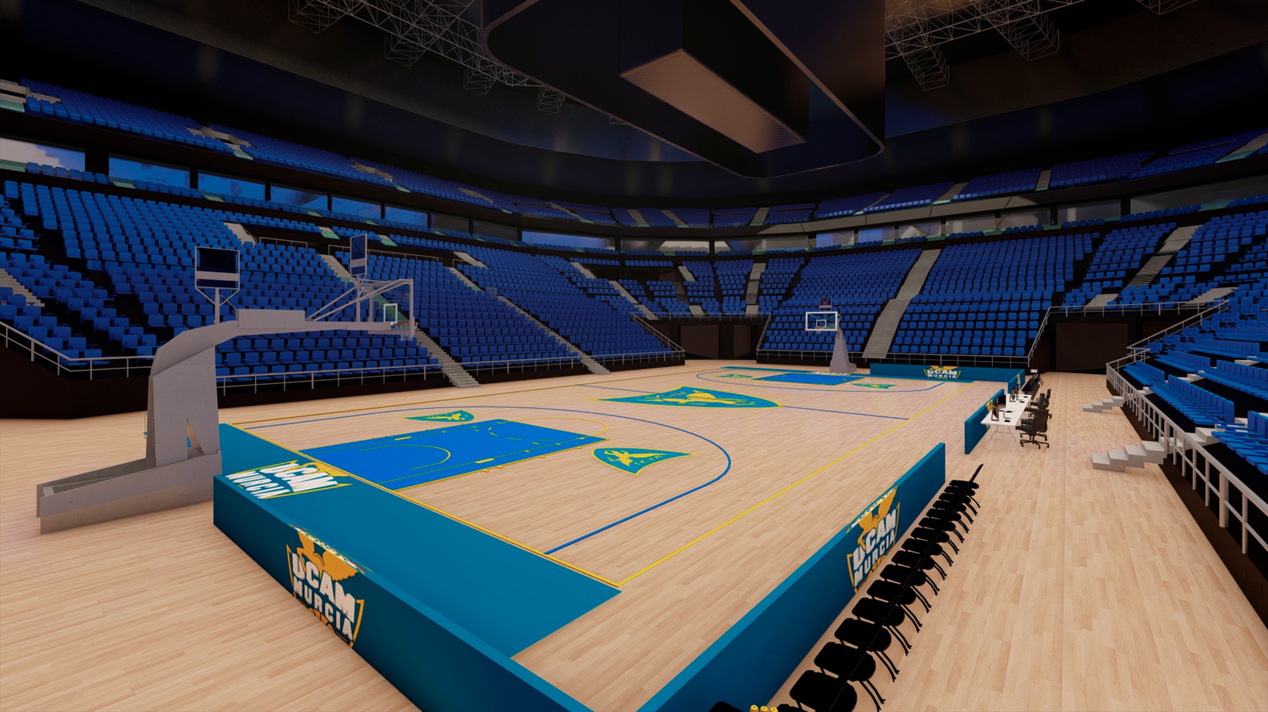 Interior del pabellón multiusos UCAM Murcia con pista de baloncesto
